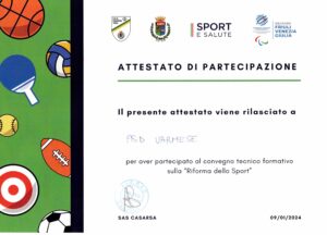 Attestato di partecipazione Convegno Riforma dello Sport - Gennaio 2024 - Asd Varmese